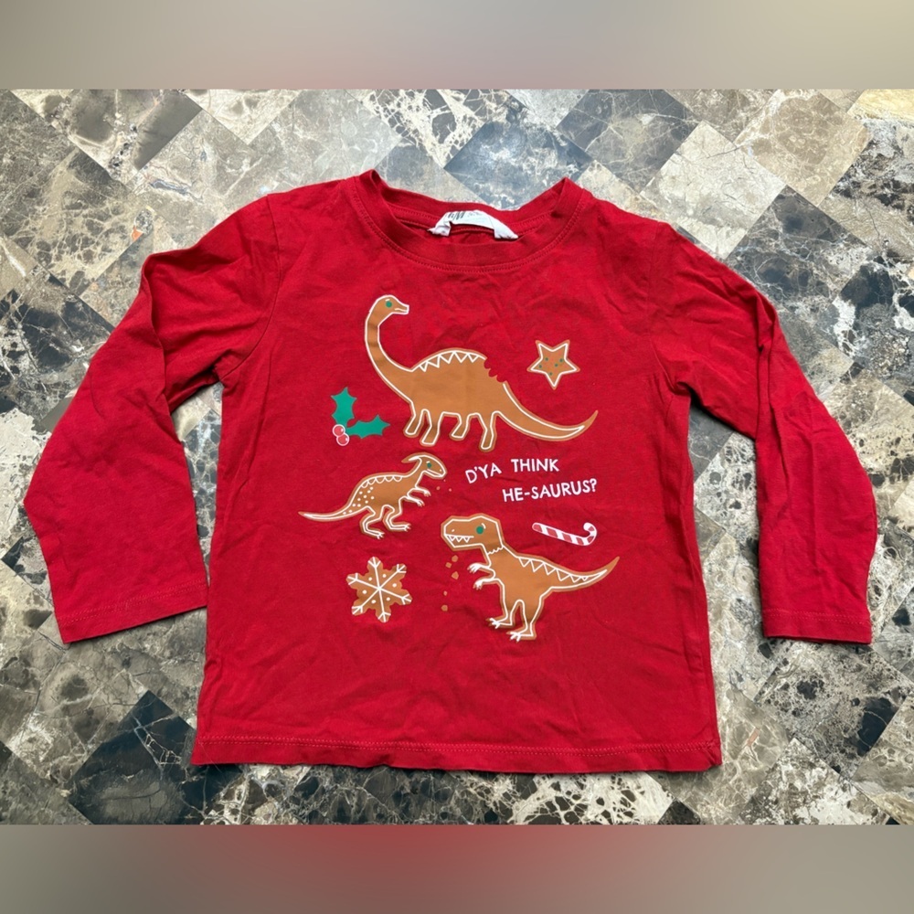 4/30$ H&M Red Dino Christmas Long Sleeve Tee unisex 2-4 years